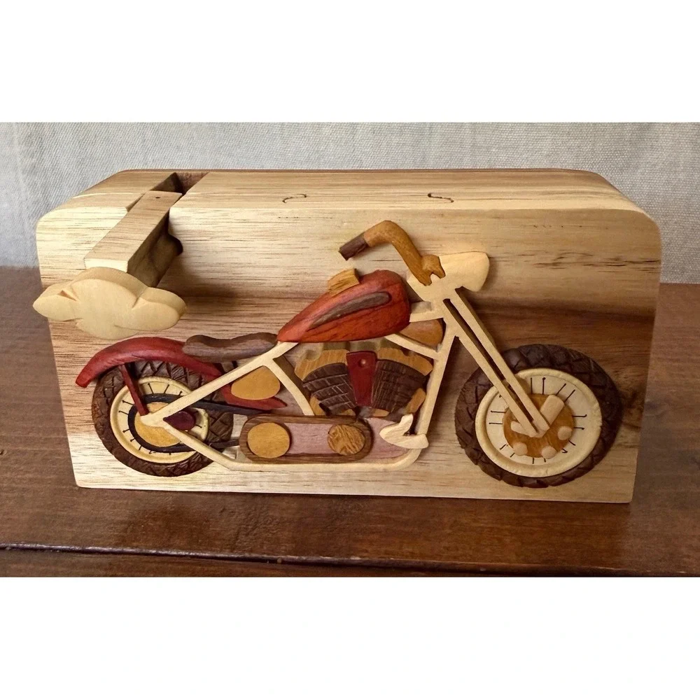 RARE Carver Dan's Hand Carved Harley Davidson Motorcycle Puzzle Trinket Box